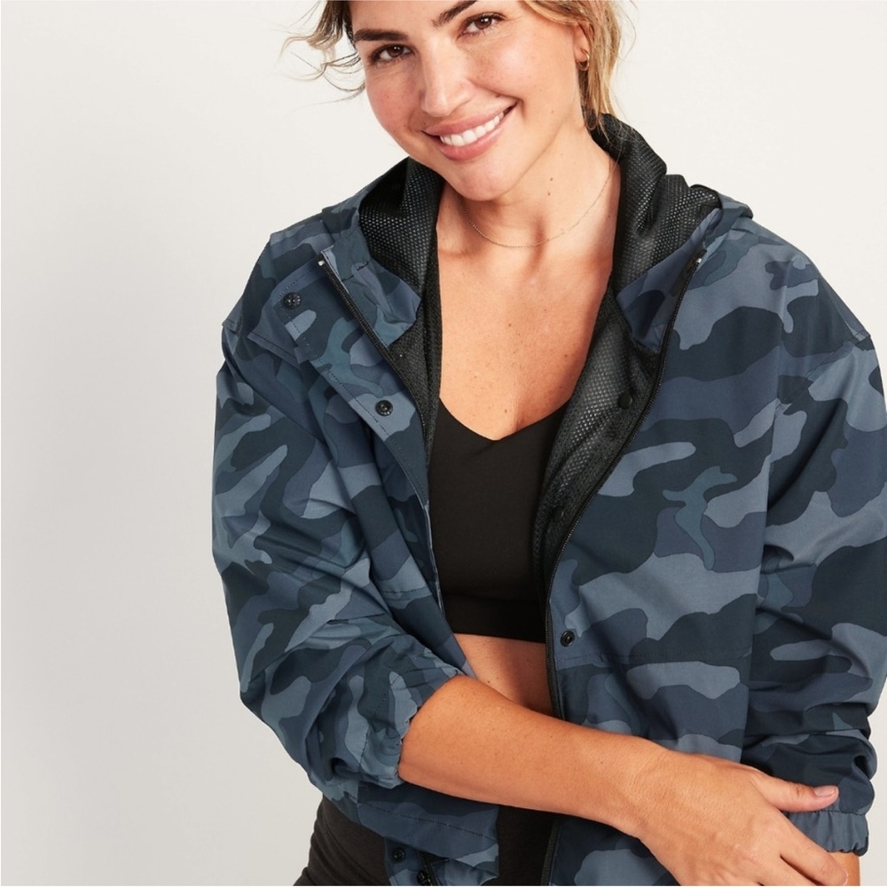 NWT Old Navy 3X Water Resistant Hooded Cropped Utility Jacket Black Camo